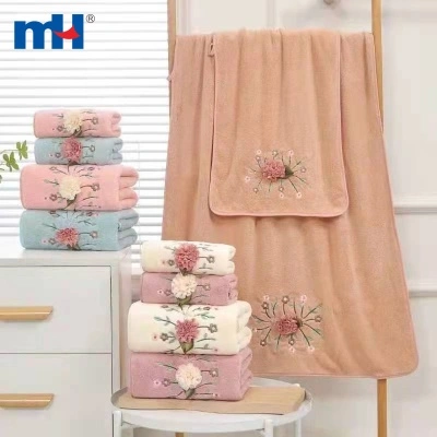 3D Embroidered Coral Fleece Bath Towel Set