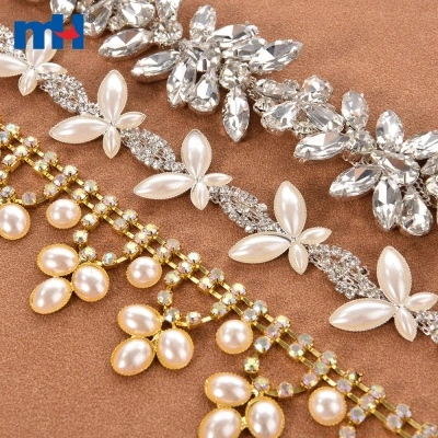 Clear Pearl Beads Rhinestone Cup Chain Trimming
