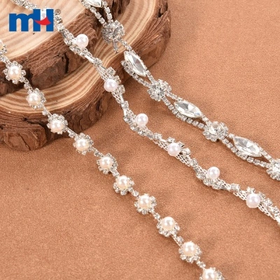 Pearl Cup Chain Clear Rhinestone Trimming